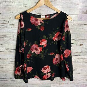 Aritzia wilfred black red floral blouse top tie up sleeves size small